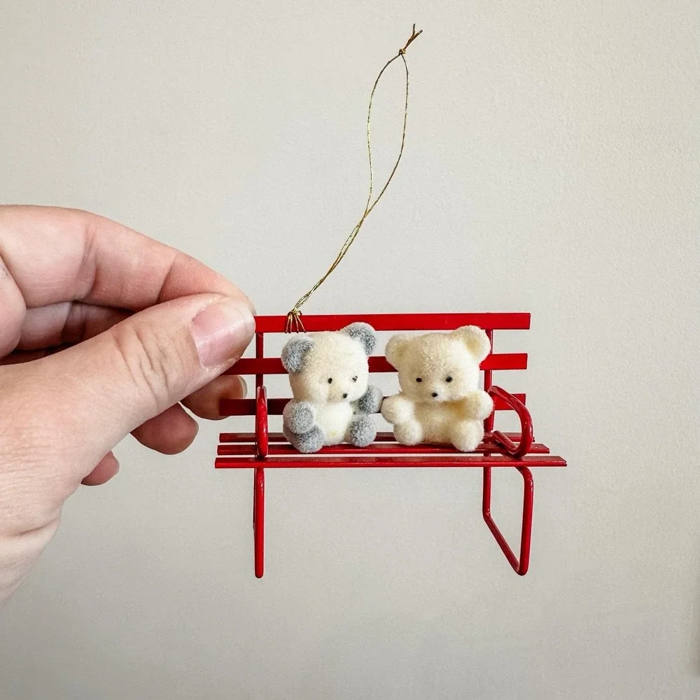 VTG Lot 4 Red Metal Christmas Ornaments Flocked Teddy Bears Sled Bench Bike Avon